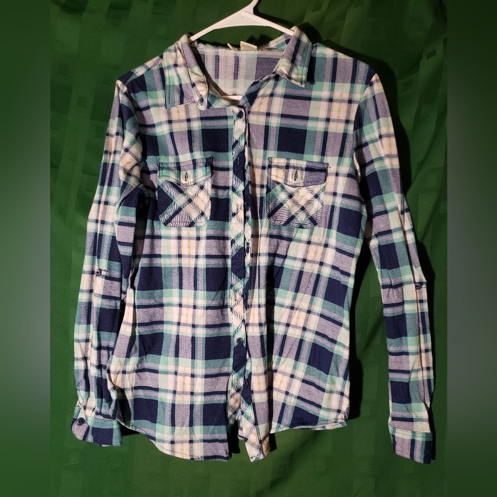 Blue Blue White Plaid Stipend Long Sleeve Button Up Shirt